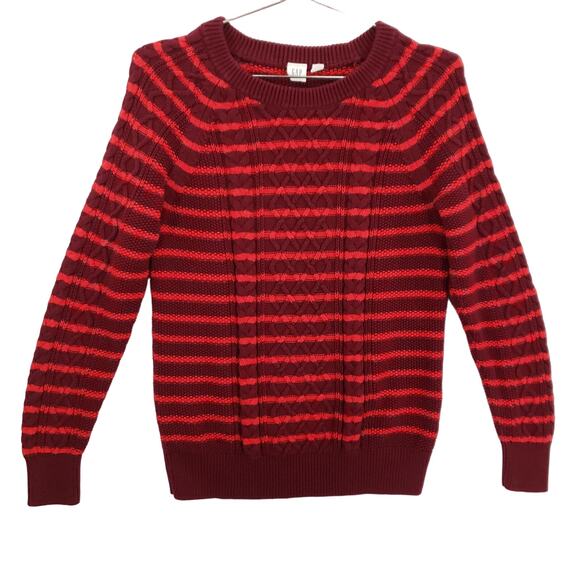 Gap Sweater Women Small Burgundy Coral Red Striped Cable Knit Crew Neck Pullover - Picture 1 of 12
